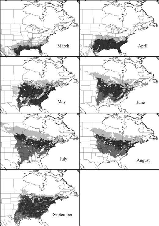 Changed climate (2055) projections for monthly monarch butterfly potential distributions. The present day distribution is shown in medium gray, and the potential future distribution is shown in light gray; areas of overlap between the two are shown in dark gray. Occurrence points (present day) are plotted as white squares. The maps can be interpreted as follows: medium gray + dark gray = present distribution, light gray + dark gray = future distribution (universal dispersal assumption), and dark gray = future distribution (no dispersal assumption).